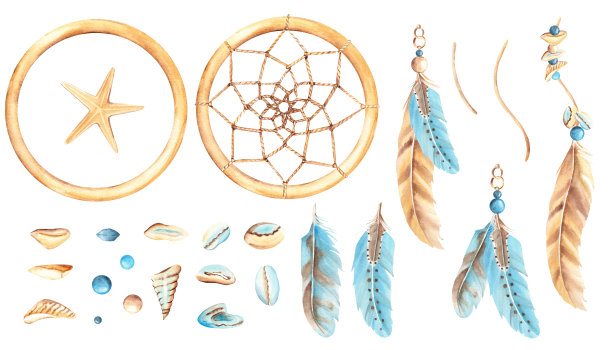 水彩手绘捕梦网集羽毛，绳子，珠子，小贝壳和石头，海卵石和海星。设计元素被隔离在白色背景上。图片下载