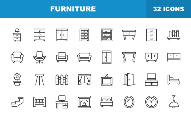 家具线条图标。可编辑的中风。包含这样的图标，建筑，灯，书桌，植物，镜子，扶手椅，壁炉，烤箱，椅子，梳妆台，衣柜，办公椅，公寓，房地产。图片下载