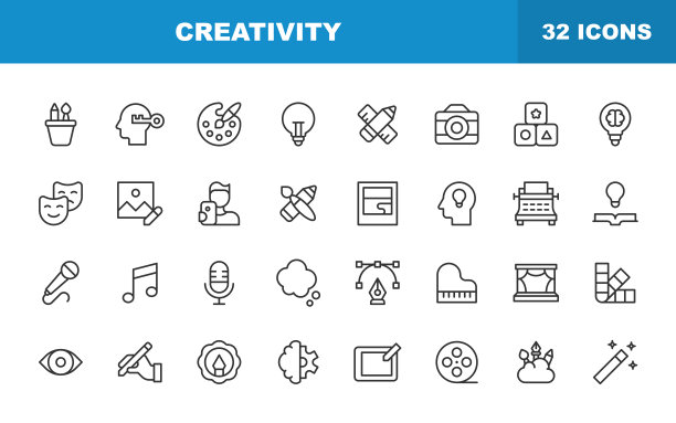 创意和艺术线图标。可编辑的中风。包含绘图，绘画，摄影，写作，想象，创新，头脑风暴，设计，营销，音乐，媒体等图标。图片下载