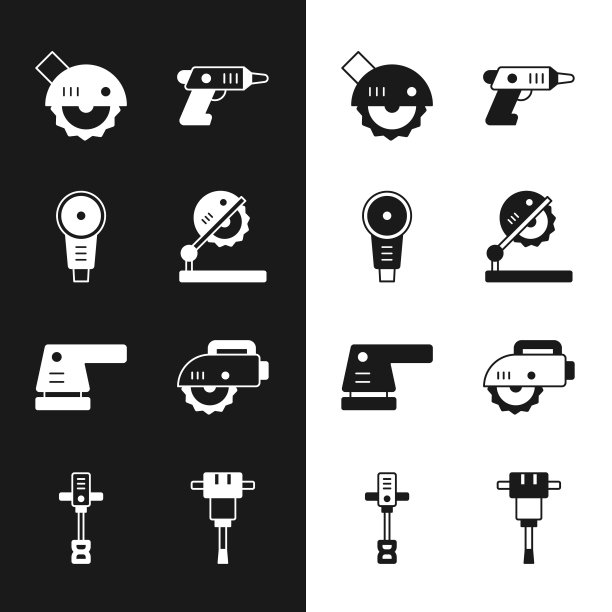 集台锯木工，角磨机，电动圆形，无绳螺丝刀，砂光机，施工手提钻和电动手动混凝土搅拌机图标。向量图片下载