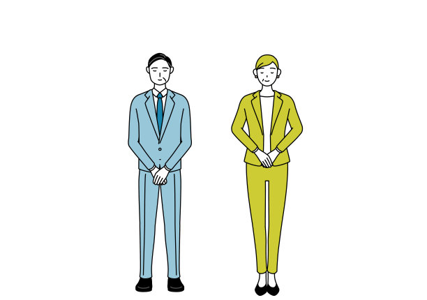 简单的线条画插图的商人和女商人(高级，行政人员，经理)在西装轻轻鞠躬。图片下载