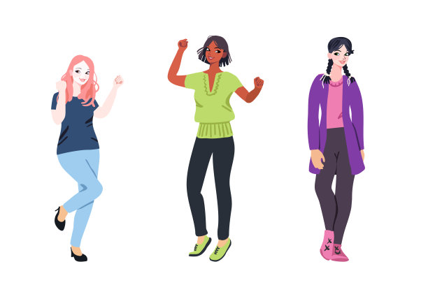 开朗可爱的女孩。自信的人庆祝胜利。这个女孩在调情。上班族，年轻的团队卡通人物。向量图片下载