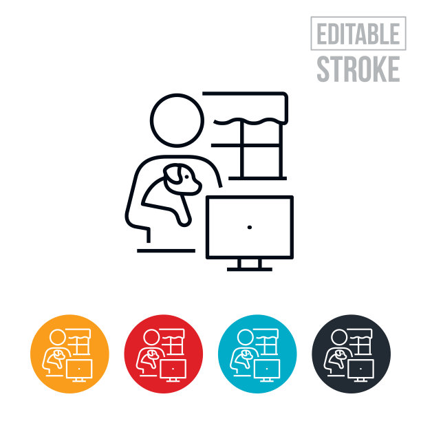 人从家里在电脑上工作，而持有狗细线图标-可编辑的笔划图片下载