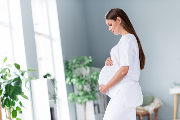 美丽的妈妈怀孕的女孩等待她的第一个新生婴儿触摸大肚子平在室内的侧面照片图片下载