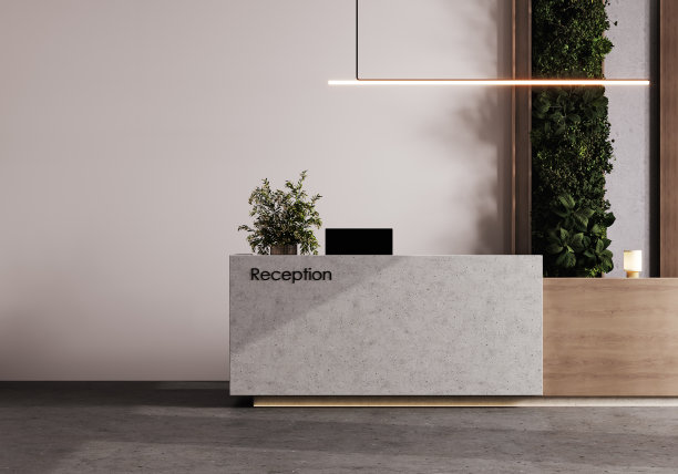 现代酒店的前台和走廊视图，前视图模型，3d渲染图片下载