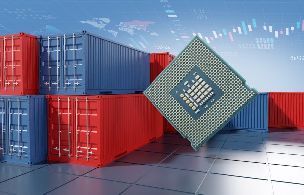 集装箱和电脑芯片，出口进口半导体产业，3d渲染图片下载