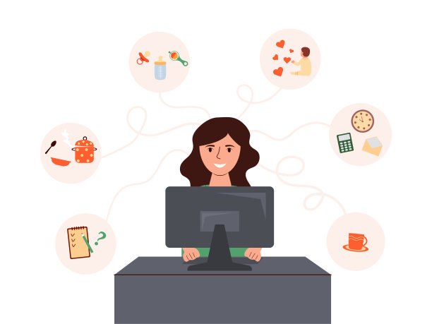 忙碌的妈妈：卡通人物，多任务处理的超级妈妈在休产假，在家工作，做家务。忙碌的家庭主妇做家务的矢量图图片下载