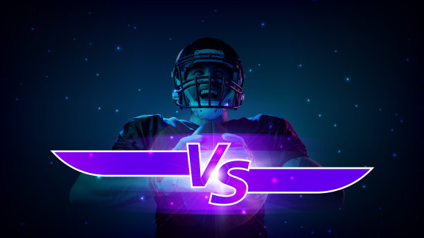 横幅。风格化的“VS”战斗徽章与光芒四射的紫色效果对模糊的照片与竞争激烈的美国足球运动员。图片下载