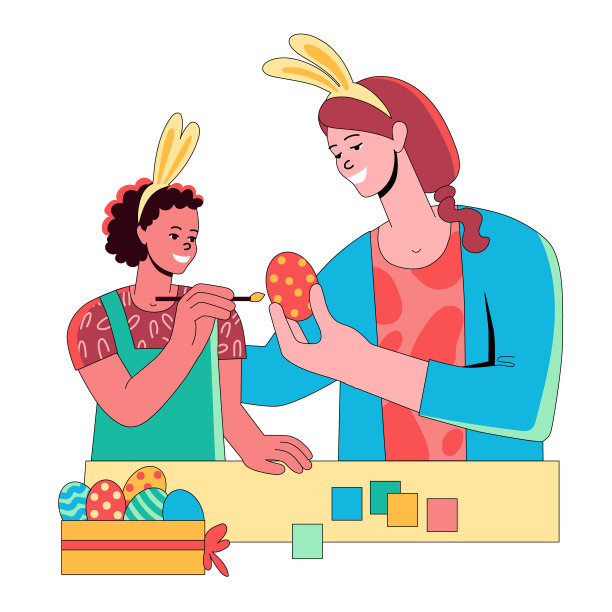 幸福的家庭，母亲和孩子，女孩为复活节涂彩蛋。戴着兔子耳朵的扁平人物正在为节日做准备。矢量插图隔离在白色背景上。图片下载