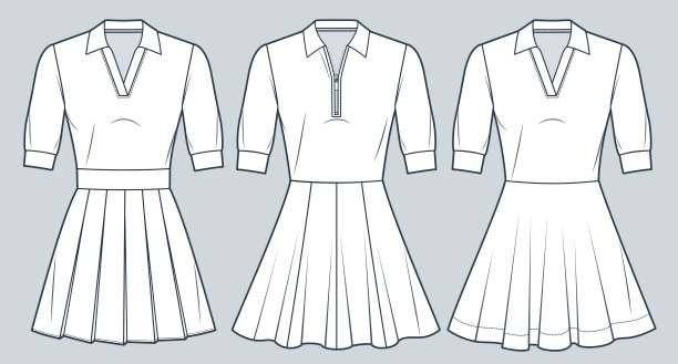 套马球服装技术时尚插画。喇叭装时尚平面技术图纸模板，半袖，v领，褶裥，迷你裙，前视图，白色，女装CAD模型。图片下载