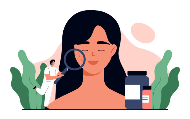 Couperose概念。皮肤科医生拿着放大镜检查女人脸上的酒糟鼻。皮肤病治疗和护肤。孤立的矢量插图在卡通图片下载