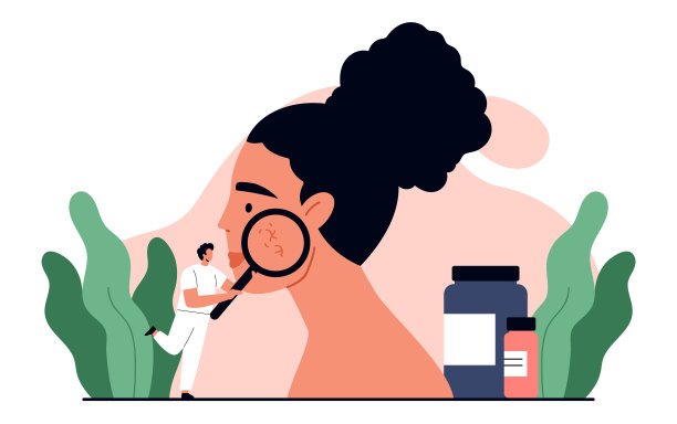 Couperose概念。皮肤科医生拿着放大镜检查女人脸上的酒糟鼻。皮肤病治疗和护肤。孤立的矢量插图在卡通图片下载