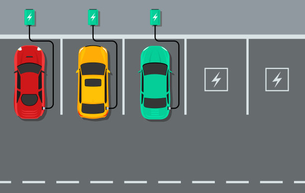 电动汽车充电器俯视图。电池混合动力汽车停车充电矢量图标图片下载