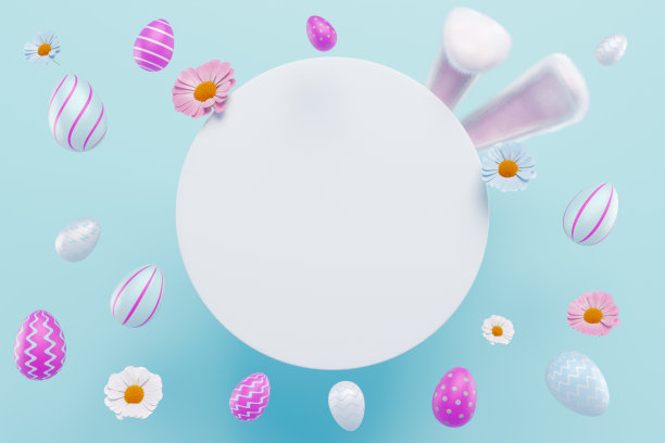 复活节彩蛋兔子耳朵鲜花圆形文字区域3D渲染图片下载
