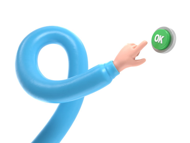 卡通手势图标模型。绿色ok按钮手按波普艺术复古风格。启动流程业务概念。白色背景的3D渲染。长臂概念。图片下载