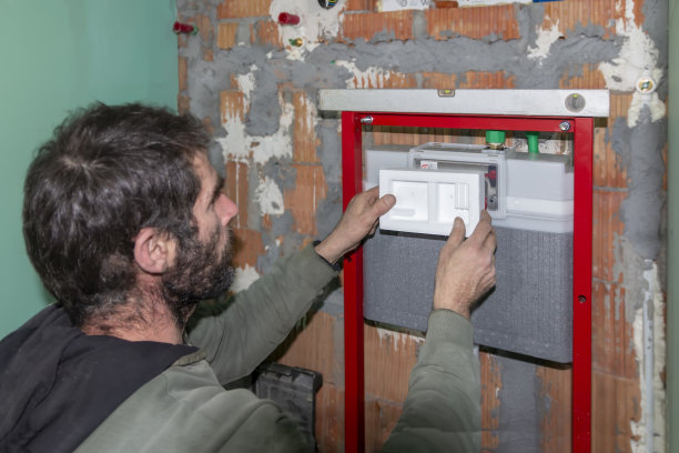 一个成熟的有经验的水管工在建筑工地的砖墙上安装壁挂式厕所的框架。图片下载