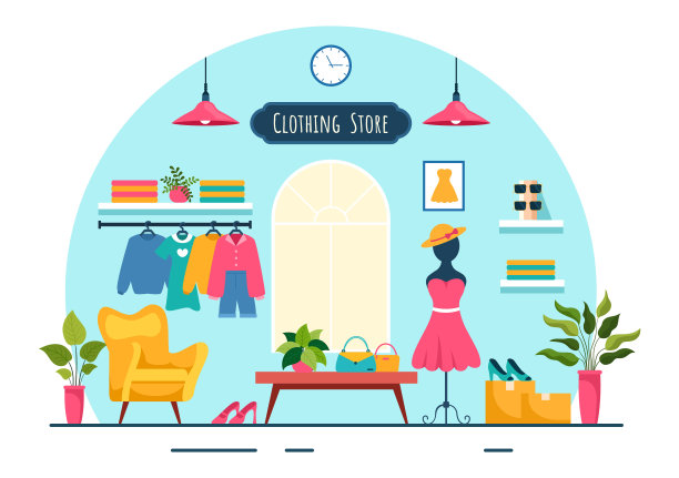 服装商店矢量插图购物服装或服装的时尚风格的女人或男人在平面卡通背景设计图片下载