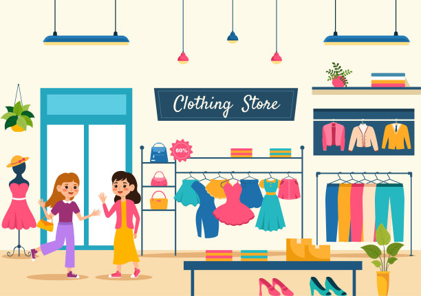 服装商店矢量插图购物服装或服装的时尚风格的女人或男人在平面卡通背景设计图片下载