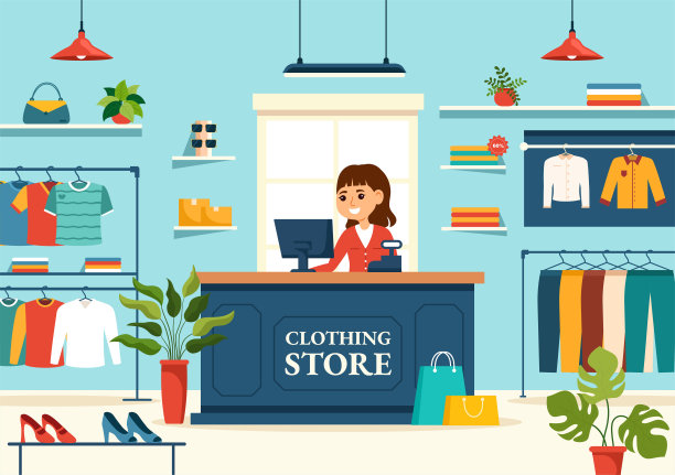 服装商店矢量插图购物服装或服装的时尚风格的女人或男人在平面卡通背景设计图片下载