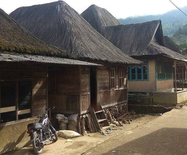 曼达林纳塔尔省索里克马拉皮山脚下的Sibanggor村，典型的茅草屋顶房屋图片下载