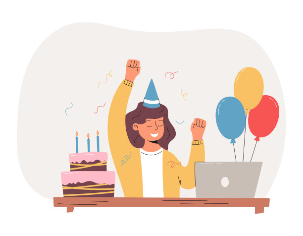 年轻快乐的女孩戴着节日的帽子在办公桌旁庆祝她的生日。公司假期，办公桌，蛋糕，笔记本电脑和气球。矢量隔离平面女子插图。图片下载