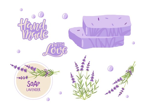 制作肥皂。手工天然薰衣草香皂与标签和薰衣草草。矢量平面插图隔离。草药护肤横幅，包装，天然有机spa产品化妆品。图片下载