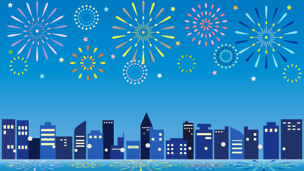 这幅插图结合了靠近水和烟花的建筑区域图片下载