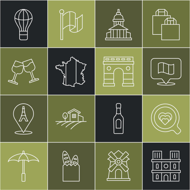 设置线巴黎圣母院，咖啡杯，法国国旗，博物馆建筑，地图，酒杯，热气球和凯旋门图标。向量图片下载