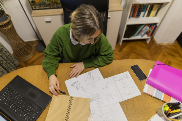 年轻女子，一名大学生，在她妈妈的办公室里上网学习。股票的照片。一个穿着衬衫和绿色毛衣的年轻女子正在准备考试。图片下载