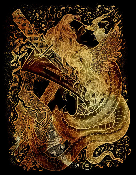 幻想雕刻手绘插图与美丽的女人，盲目的战士，剑和蛇黑色纹理的背景。图片下载