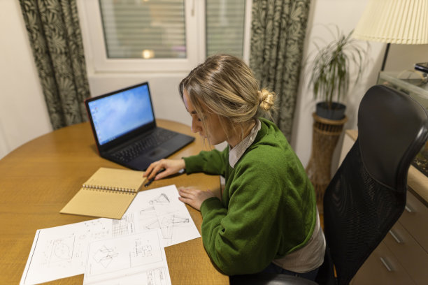 年轻女子，一名大学生，在她妈妈的办公室里上网学习。股票的照片。一个穿着衬衫和绿色毛衣的年轻女子正在准备考试。图片下载