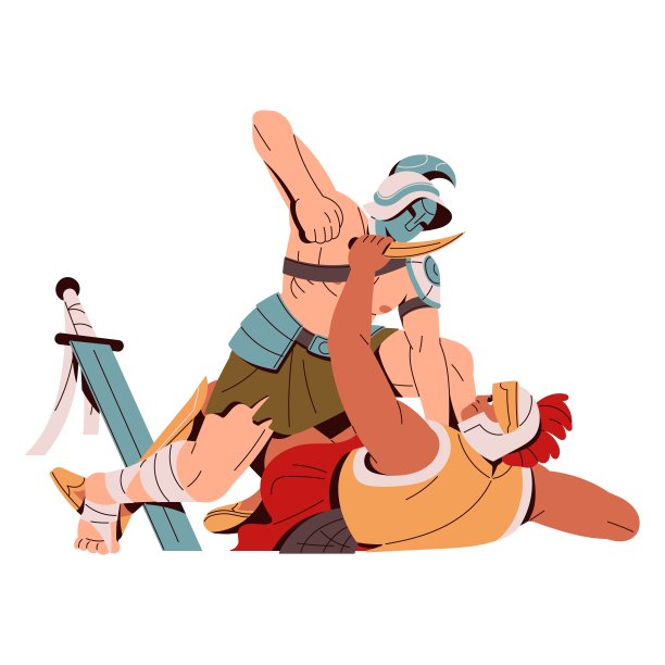 罗马角斗士在罗马斗兽场的竞技场上格斗。斯巴达勇士在战争中挥拳，搏斗。古代的士兵戴着头盔，用剑、剑作战。平面隔离矢量插图上的白色背景图片下载