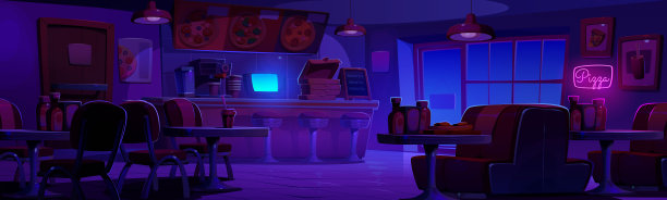 比萨店内部在夜间-卡通矢量图片下载