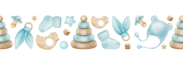 新生儿配件的无缝边框。玩具金字塔，奶嘴，帽子，袜子，星星和牙齿。孤立的水彩插图。给孩子们的好东西，购物，贺卡，婴儿送礼会，儿童房图片下载