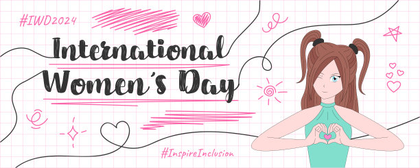 2024年国际妇女节的横幅模板，动画风格的女孩露出了心脏的标志。# InspireInclusion。# IWD2024。矢量设计海报，后，封面图片下载