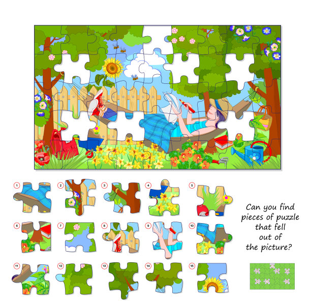 适合儿童和成人的逻辑游戏。你能找到从图片上掉下来的拼图吗?儿童脑筋急转弯书页。注意力任务。发展空间思维。矢量插图。图片下载