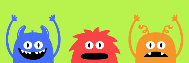 万圣节快乐。三个怪物集。彩色剪影头脸图标设置线。眼睛，牙齿，舌头，举起手来。可爱的卡通卡哇伊恐怖有趣的婴儿角色。绿色背景。平面设计。图片下载