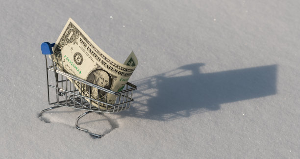 一张1美元的钞票和雪地里的微型购物车。图片下载