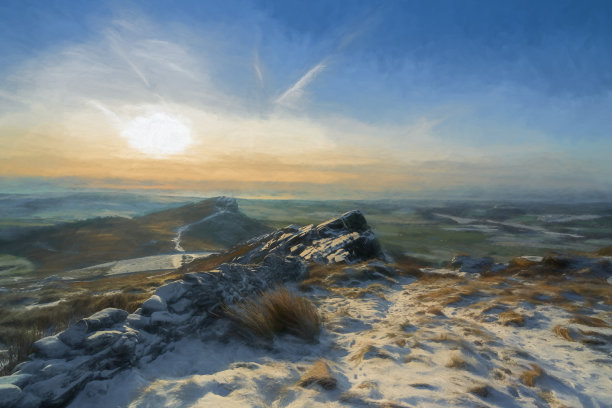 蟑螂。英国峰区国家公园冬季风景的数码油画。图片下载