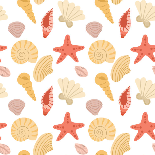 无缝图案的贝壳，海星，珊瑚，海藻，波浪。手绘海滨夏季海滩打印。可爱的海洋背景。图片下载