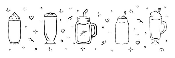 设置咖啡在玻璃涂鸦线风格素描。图片下载