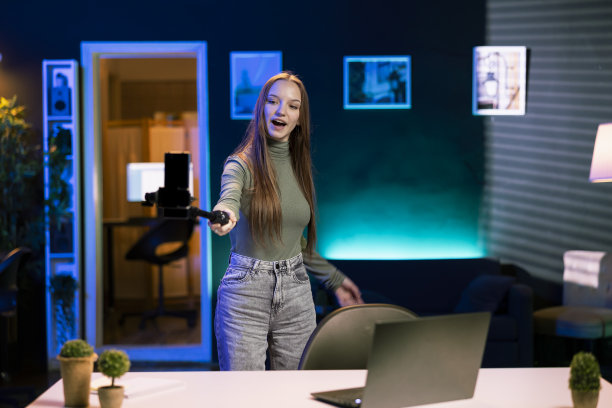 女孩拿着智能手机自拍，拍摄自己的房间游览图片下载