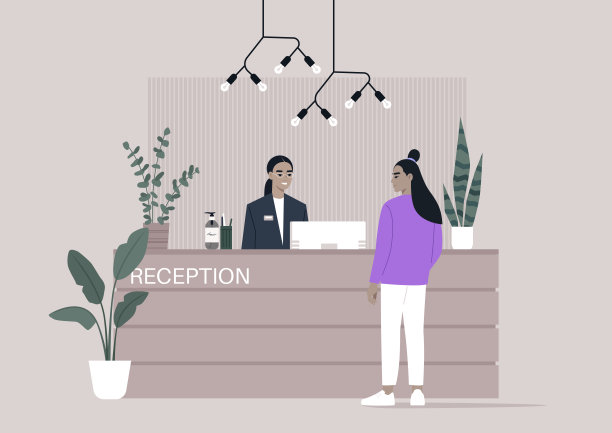 宁静的欢迎在一个现代化的接待台，客人接近一个微笑的接待员在一个时尚的，现代的大厅图片下载