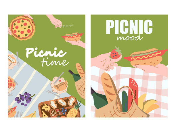 两张海报在公园野餐。一篮子美味的食物，水果，蔬菜，馅饼，面包，披萨。卡片。文本的背景空间。从上面看。平面设计风格。矢量图图片下载