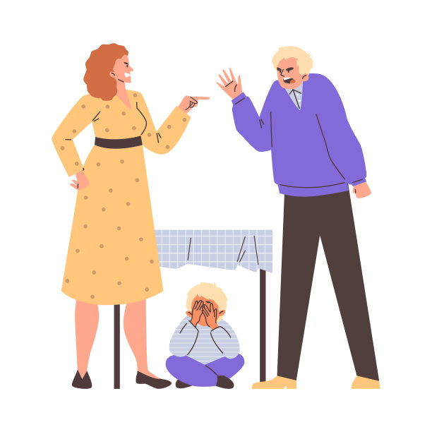 愤怒的父母咒骂和大喊，而他们的儿子躲在桌子下，害怕的小男孩的受害者，矢量不幸的家庭图片下载
