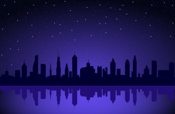 天际线夜间矢量背景城市未来的城市景观紫色天空视图数字建筑。图片下载