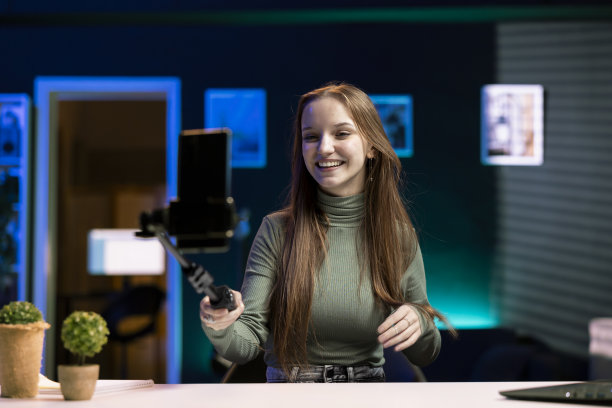 欢乐的艺人兴奋地在直播中与忠实的观众联系图片下载