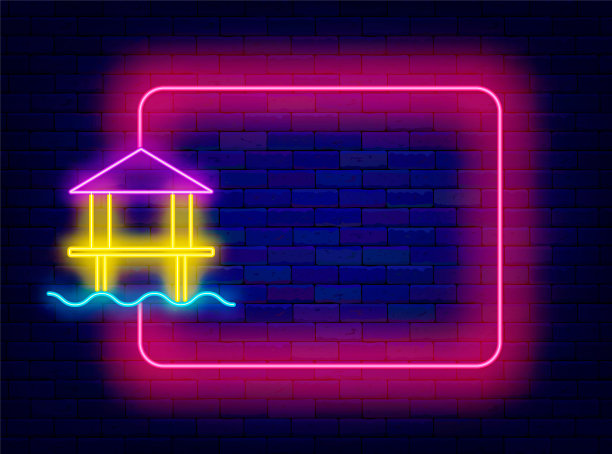 热带休息和旅行的霓虹灯横幅。带平房的空粉色框架。马尔代夫的水上住宅。矢量图图片下载