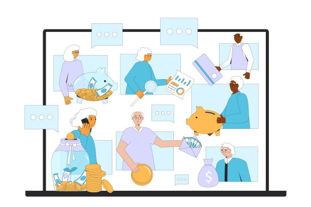 老年人在线金融俱乐部。退休计划和老年人的识字能力。与钱。储蓄和预算社区。矢量插图。图片下载