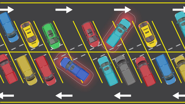有不良驾驶行为的车辆停放在停车场车位的俯视图图片下载